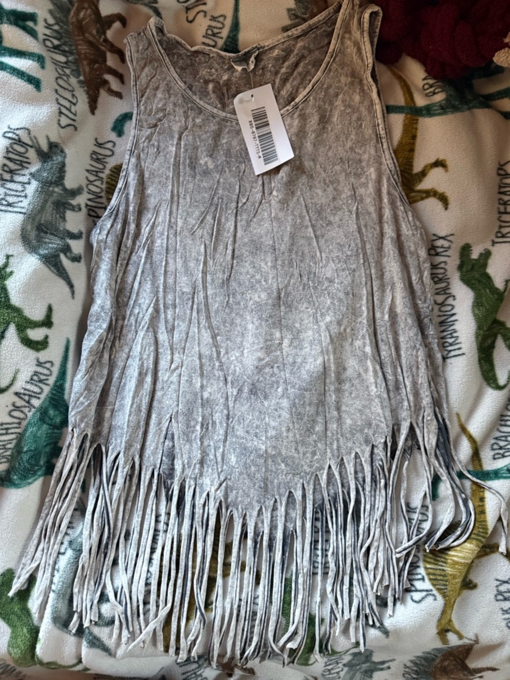 Filly Flair Gray Acid-Wash Fringe Tank Top